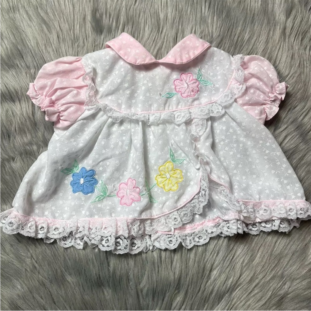 Vintage Baby Girls Pink White Floral Lace Ruffle Dress